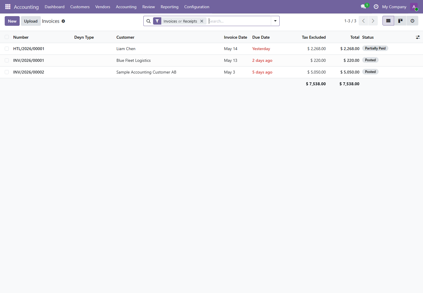 Customer invoices list screenshot