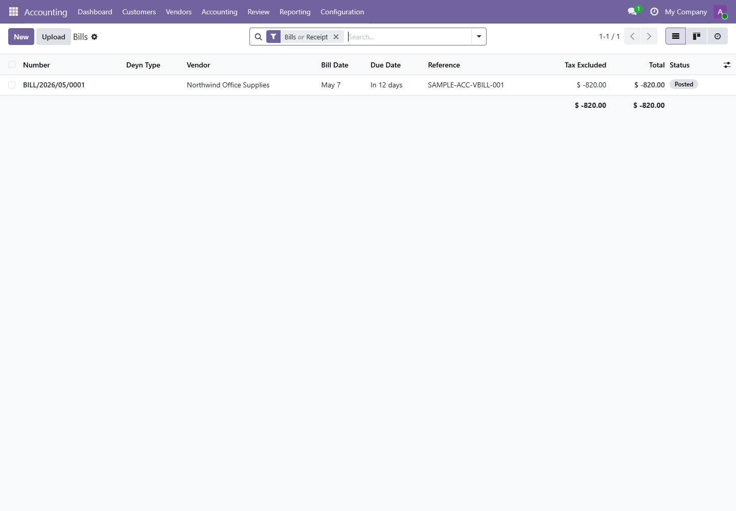 Vendor bills screenshot