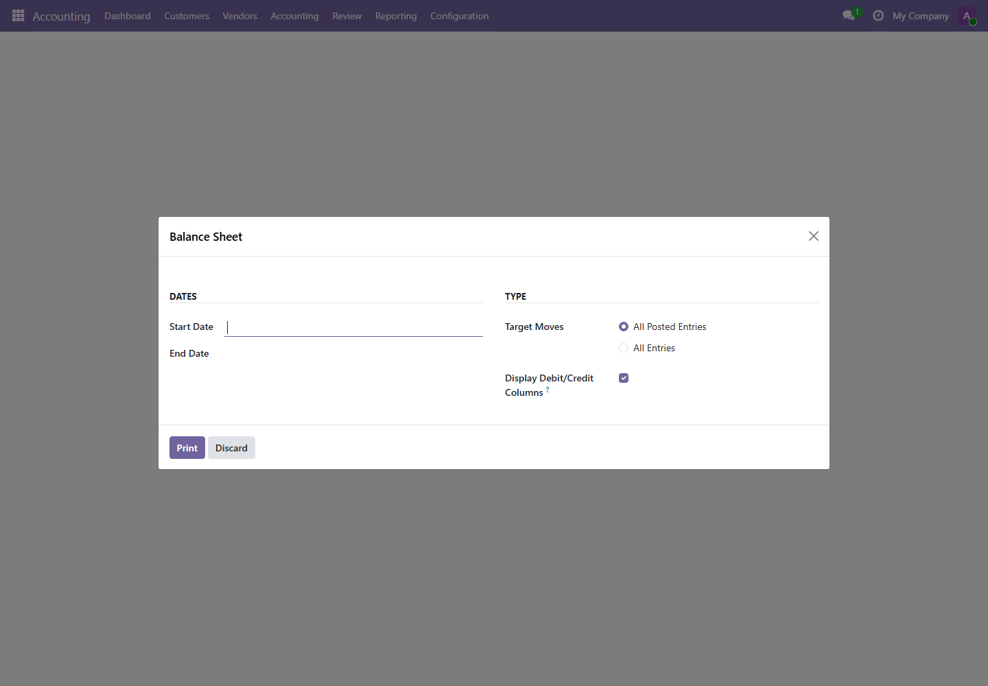 Balance Sheet wizard screenshot