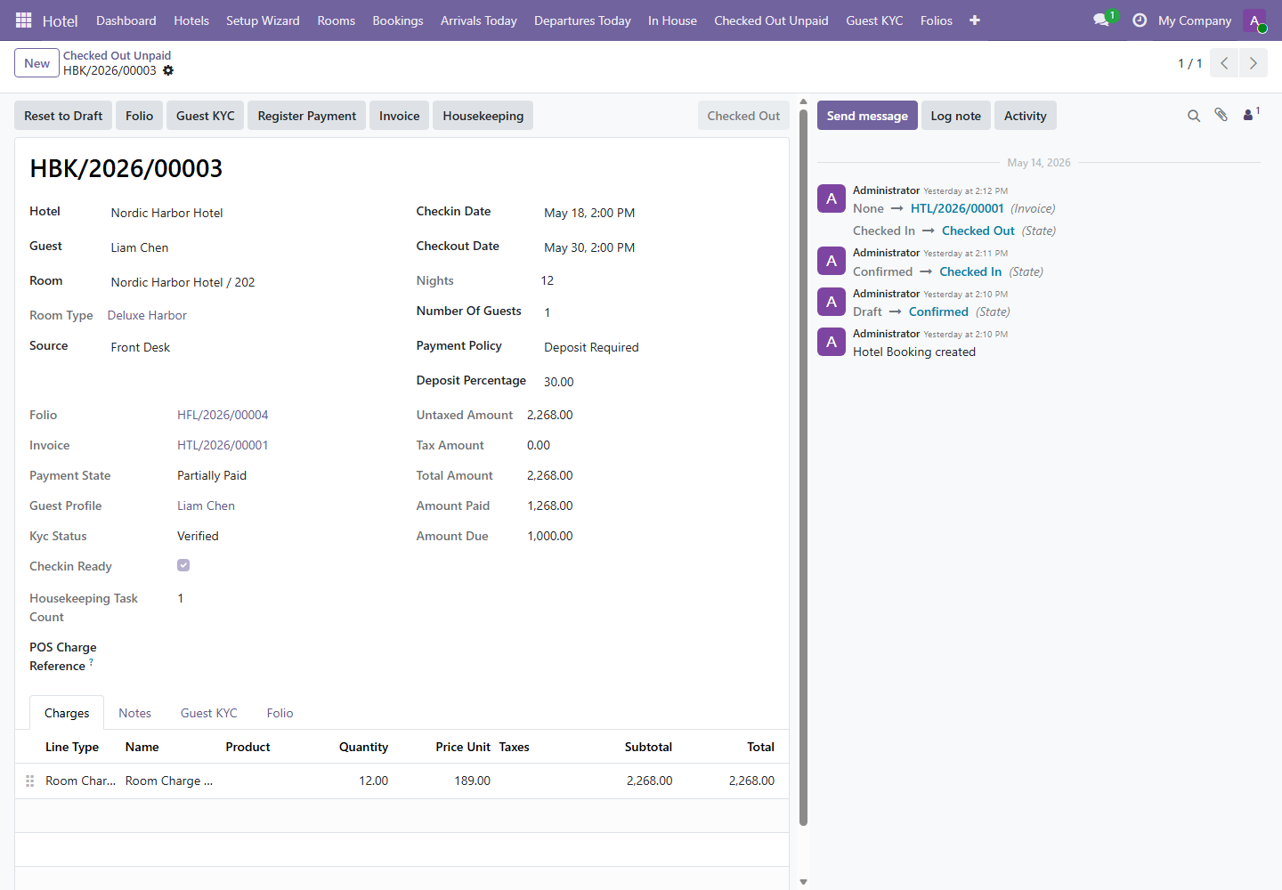 Checked Out Unpaid booking screenshot